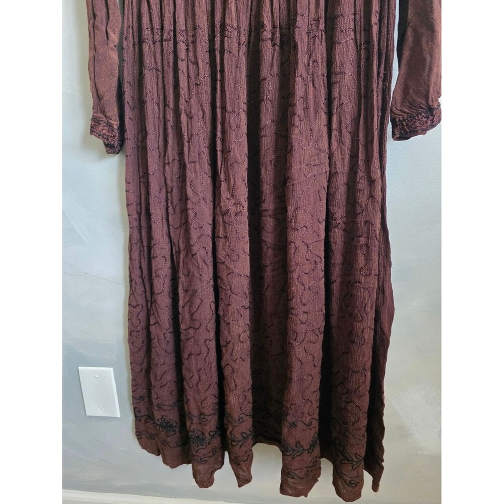 Vtg 100% Rayon Brown Embroidered Short Sleeve Jacket Long Maxi Dress Sz L Goblin